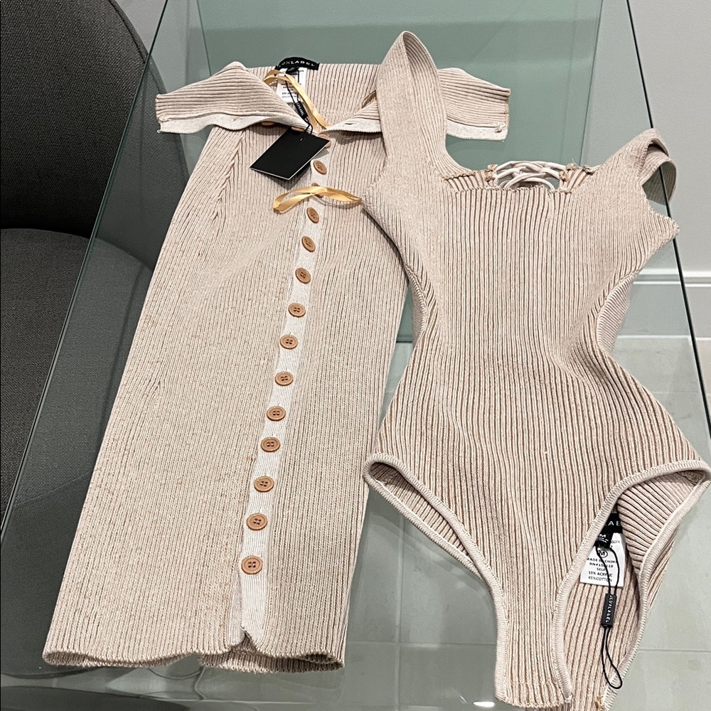 JLUXLABEL Beige Deana Ribbed Skirt Set - Knit Button Dress & Bodysuit